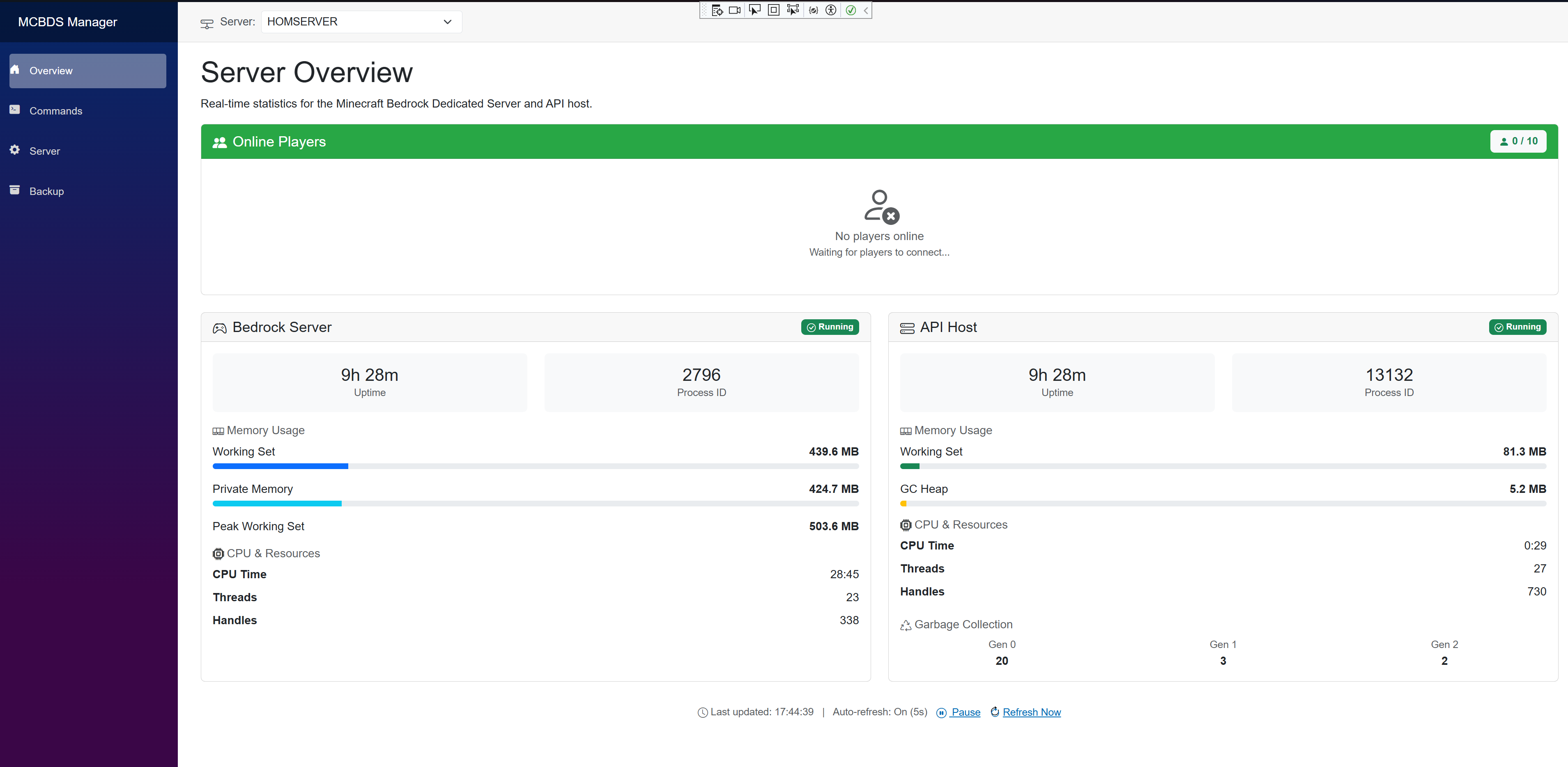 MCBDSHost Dashboard - Server Overview with real-time statistics